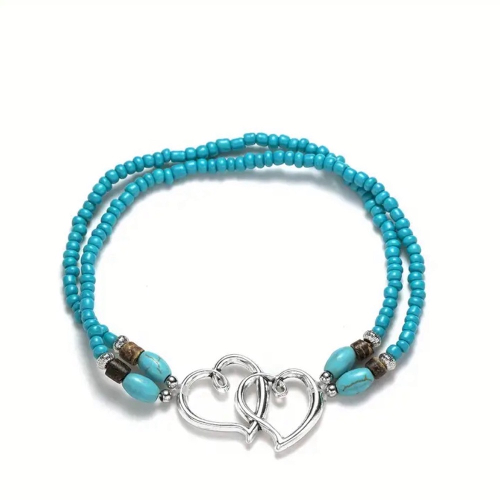 Teal beaded heart anklet